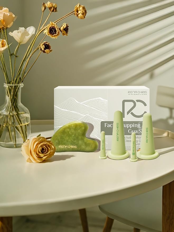 Rena Chris Facial Cupping Set & Gua Sha Tool - Jade Stone, Silicone Facial Cupping, Puffiness & Lip Plumping Therapy for Natural Skin Care