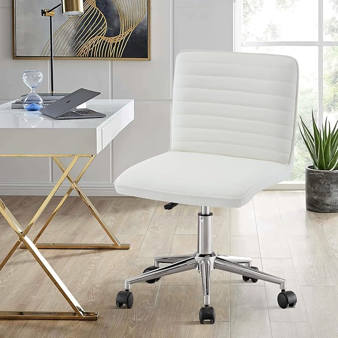 PU Leather Armless Office Chair - 360° Swivel Computer Desk Chair with Adjustable Height & Comfy Chrome Legs, Ivory White - Perfect for Home Office, Bedroom, Living Room & Vanity, Ivory White