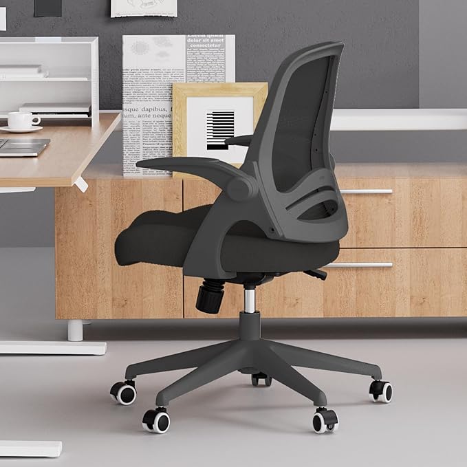 Hbada Office Desk Chair with Flip-Up Armrests and Saddle Cushion, Ergonomic Office Chair with S-Shaped Backrest, Swivel, Mesh, Black