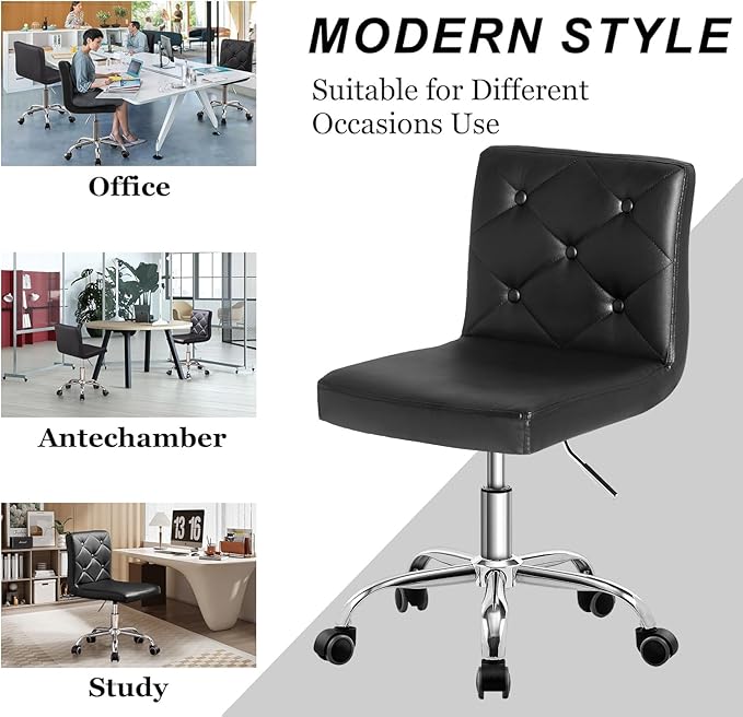 VECELO PU Leather Mid-Back Armless Vanity Chair Adjustable Height 360° Rolling Swivel for Home Office Work