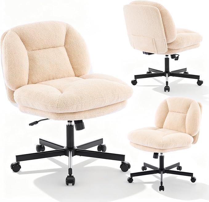 Criss Cross Chair, Thick Cushioned Ergonomic Cross Legged Office Chair with Wheels, Armless Swivel Vanity Chair, Height Adjustable Wide Computer Desk Chair for Home and Office, Beige