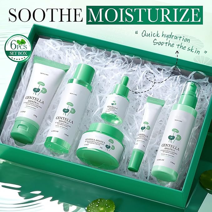 Centella Asiatica Skincare Set, 6 Piece Hydrating Skin Care Routine Kit Women Beauty Gift Set with Cleanser, Toner, Serum, Eye Cream, Lotion and Cream, Self Care Gifts For Teen Girls & Women