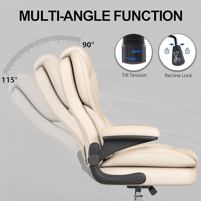 Hovos Office Chair, Ergonomic Big and Tall Desk Leather Chair with Padded Flip-up Arms, Adjustable Tilt Lock, Heavy Duty Swivel Rolling Computer Chair for Home Office, Beige