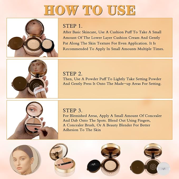 Cushion Foundation, Essential Skin Nuder Cushion, 4-in-1 Triple Layer Korean Skin Care & Face Beauty Makeup, Easy Application for All Skin Types, (Concealer, Cushion Cream, Setting Powder), #01-IVORY