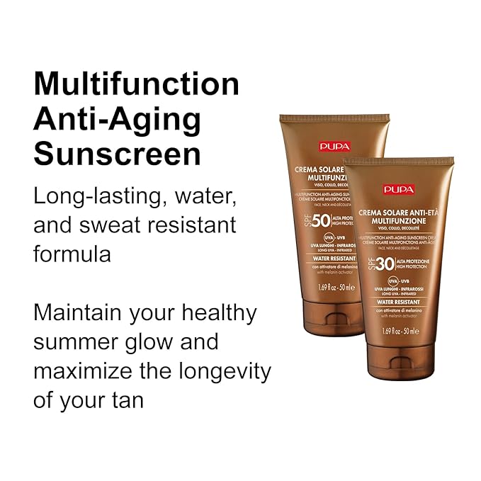 PUPA Milano Multifunction Anti-Aging Water Resistant Sunscreen For Face SPF 30 - Fast-Absorbing - Complete Protection Against UVB, UVA, Long UVA And Infrared Rays - Stimulates Melanin - 1.69 Oz