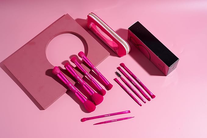 BS-MALL Double-ended Makeup Brush Set With Concealer Brush & Foundation Brush, Eyeshadow Brush- Travel-friendly Multi-purpose Brushes In Makeup Bag For Daily Use (10 PCS Hot Pink)