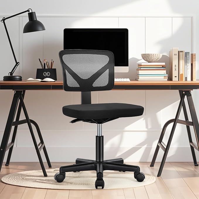 NEWBULIG Home Office Desk Chair, Armless Ergonomic Swivel Computer Chair with Wheels, Adjustable Height and Low-Back Mesh Design, Rolling Chair with Lumbar Support and Comfortable Seat, Black