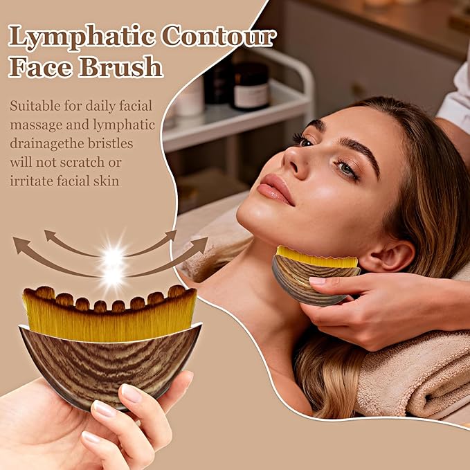 Lymphatic Contour Face Brush - Lymphatic Drainage Makeup Brushes for Sculpting & Lifting, Anti-Puffiness Detox Massage, Boosts Skincare Absorption & Glow, Soft Bristles for All Skin Types(Brown-2 pcs)