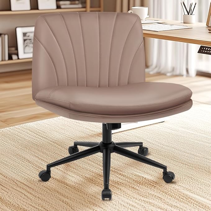 NEO Chair Criss Cross Chair with Wheels Armless Cross Legged Office Desk Wide Comfy Vanity Makeup Chair Adjustable Swivel Rolling Computer for Home Office PU Leather (Brown)