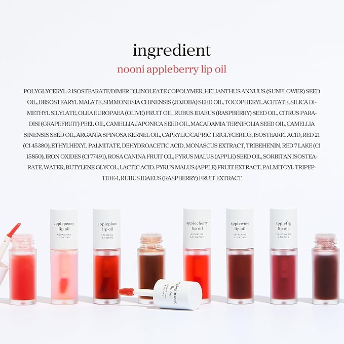 NOONI Korean Lip Oil - Appleberry | Long-Lasting, Moisturizing, Plumping, Revitalizing for Dry Lips, Waterproof, No Peel Off, Hydrating Nourishing Crystal Clear Lip Stain, Stocking Stuffers 0.12 FL Oz