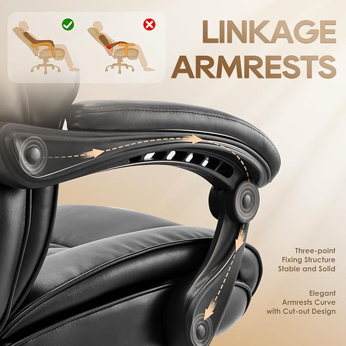 High Back Office Chair with Adjustable Headrest, Retractable Footrest & Lumbar Pillow, Ergonomic Bonded Leather Executive Desk Chair, Thick Padded Cushion, 90–135° Reclining Chair for Home OfficeBlack
