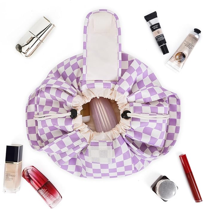 Narwey Barrel Drawstring Checkered Makeup Bag Large Cosmetic Bag Make up Bags Toiletry Bag Travel Bags for Toiletries Organizer for Women Gift for Teen Girls (Purple Checkerboard) (Patent)