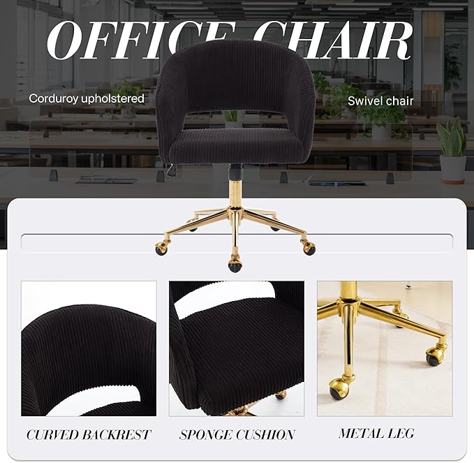 Home Office Chair Swivel Corduroy Fabric Desk Chair Accent Armchair Upholstered Modern Tufted Chairs with Gold Base for Girls Women Ergonomic Study Seat Computer Task Stools for Living Room(Black)