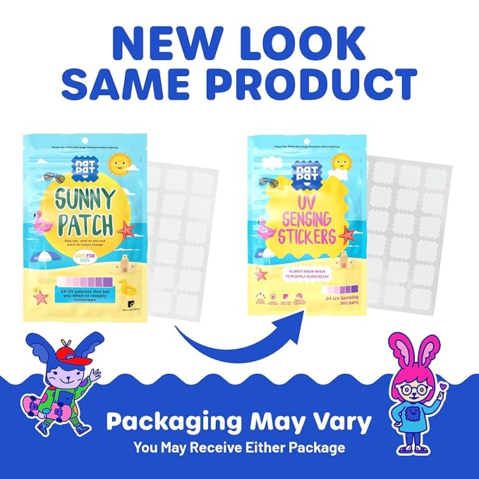 NATPAT Sunny Patch UV Detection Stickers Sunburn Prevention for Kids and Adults - Natural Waterproof Patches, Changes Color When Time To Reapply Your SunScreen - BuzzPatch (24 Pack)