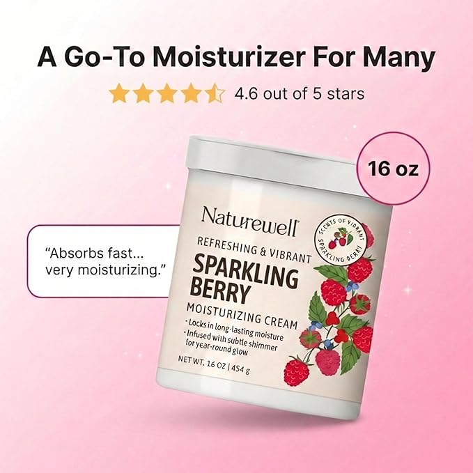 NATURE WELL Sparkling Berry Refreshing & Vibrant Body Cream Moisturizer, Infused with Natural Oils & Extracts, Non-Greasy, Lightweight, Helps Lock in Moisture, Infused with Subtle Shimmer, 16 Oz