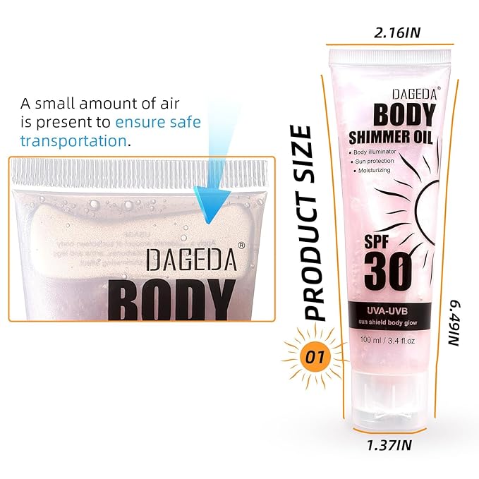 DAGEDA Body Glow Oil, SPF 30 Broad Spectrum Glitter Sunscreen, Lightweight, Non-sticky Sunscreen Body Shimmer, Sun Protection with Centella Asiatica Extract, UVA/UVB Protection, Rose 3.4 fl.oz