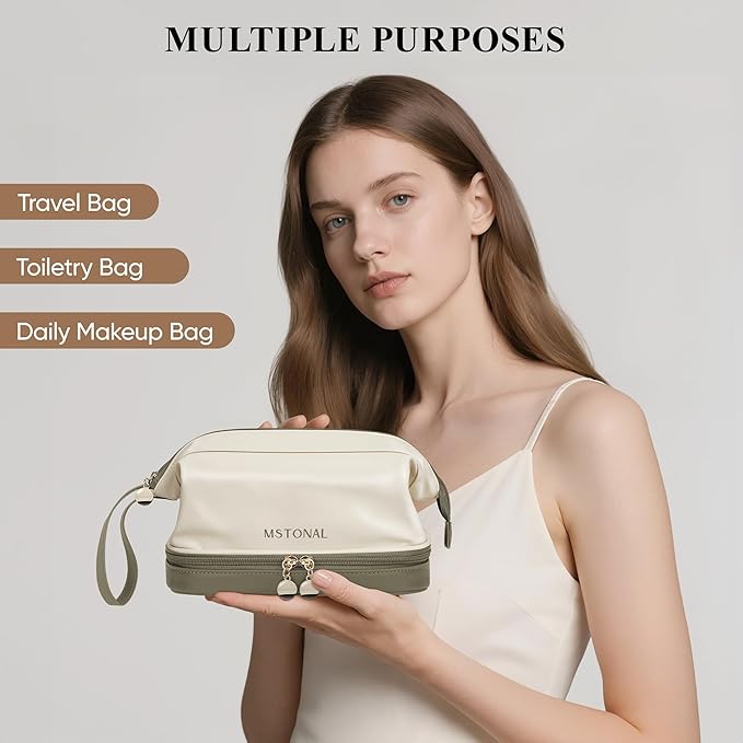 Travel Makeup Bag, Large Capacity Double Layer Cosmetic Bags for Women, Waterproof Portable Make Up Skincare Pouch with Makeup Brush Organizer, Toiletry Bag for Essentials, Beige & Olive Green