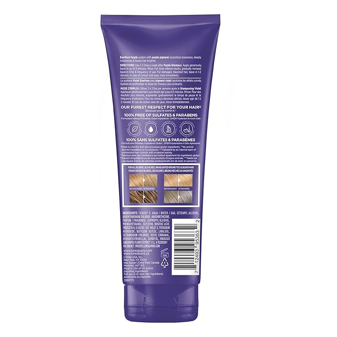 L’Oreal Paris Sulfate Free Brass Toning Purple Conditioner for Blonde,Bleached,Silver,or Brown Highlighted Hair,EverPure,6.8 Fl Oz (Packaging May Vary),(Pack of 2)