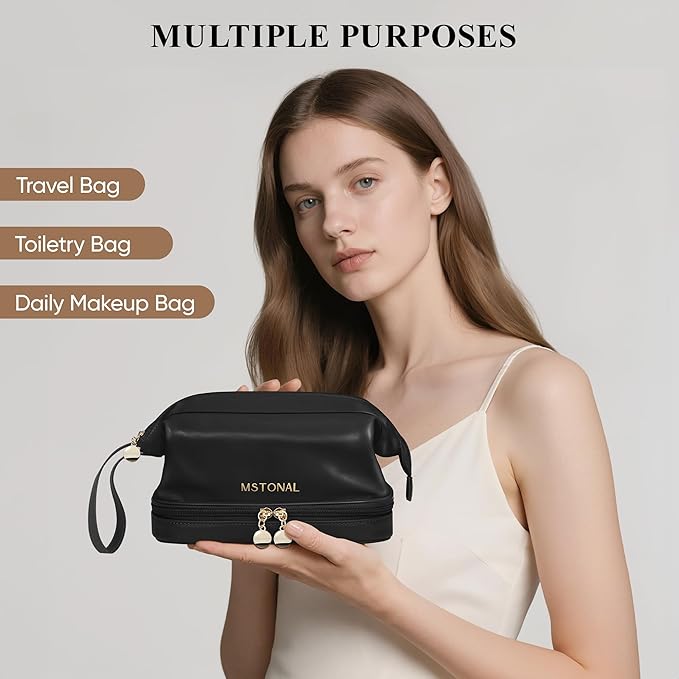 Travel Makeup Bag, Large Capacity Double Layer Cosmetic Bags for Women, Waterproof Portable Make Up Skincare Pouch with Makeup Brush Organizer, Toiletry Bag for Essentials, Black