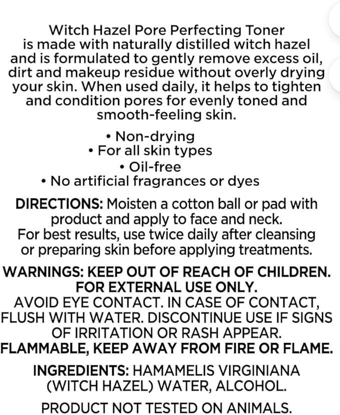 Equate Beauty Witch Hazel Pore Perfecting Toner, 16 fl oz, 3 Bottles, Naturally Distilled, Non-Drying, Oil-Free, No Artificial Fragrances or Dyes