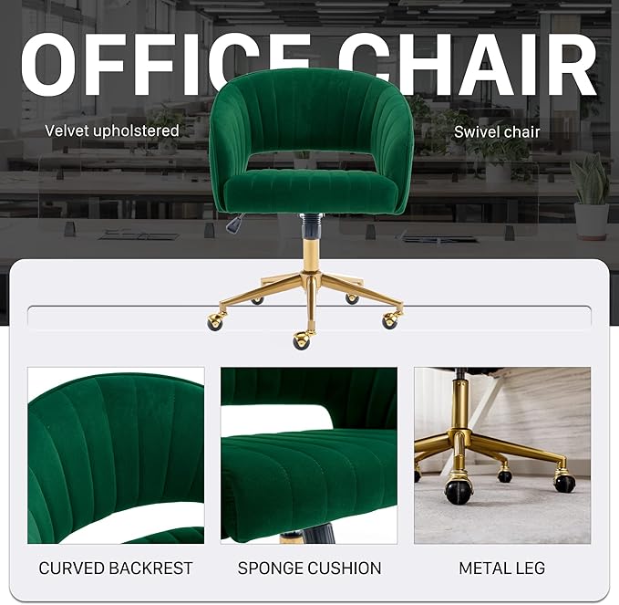 Home Office Chair Swivel Velvet Desk Chair Accent Armchair Upholstered Modern Tufted Chairs with Gold Base for Girls Women Ergonomic Study Seat Computer Task Stools for Living Room(Green)