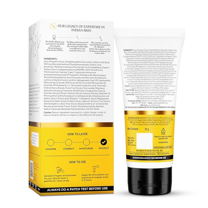 Dr. Sheth's Ceramide & Vitamin C Sunscreen In-Vivo Tested Protects, Moisturizes & Brightens Skin SPF 50+ PA++++ Lightweight, Leaves No White Cast 30 g
