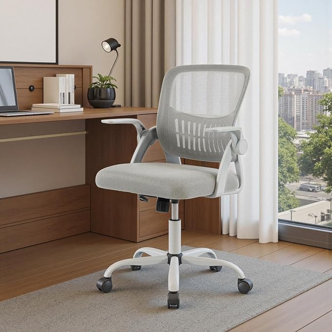 DUMOS Home Office Computer Chair - Ergonomic Mid Back Desk with Lumbar Support and Rocking Mode, Height Adjustable with Flip-up Armrest, for Conference Meeting Room, 360° Swivel, Adults, Grey