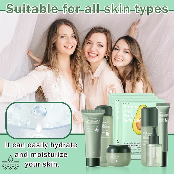 9 Pcs Avocado Skincare Set with Moisturizing Facial Cleanser,Toner,Face Serum, Face Cream, Eye Cream, Facial Lotion and 3 Hydrating Sheet Masks Skin Care Set
