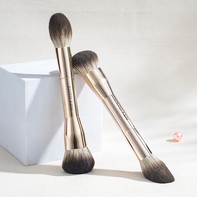 Double Ended Blush and Bronzer Brush, Makeup Brush for Blush Makeup, Double Sided Makeup Brushes, Cream Contour Brush Gold, Fluffy Bronzer Blush Brush for Cheeks, Bronzing - 124B
