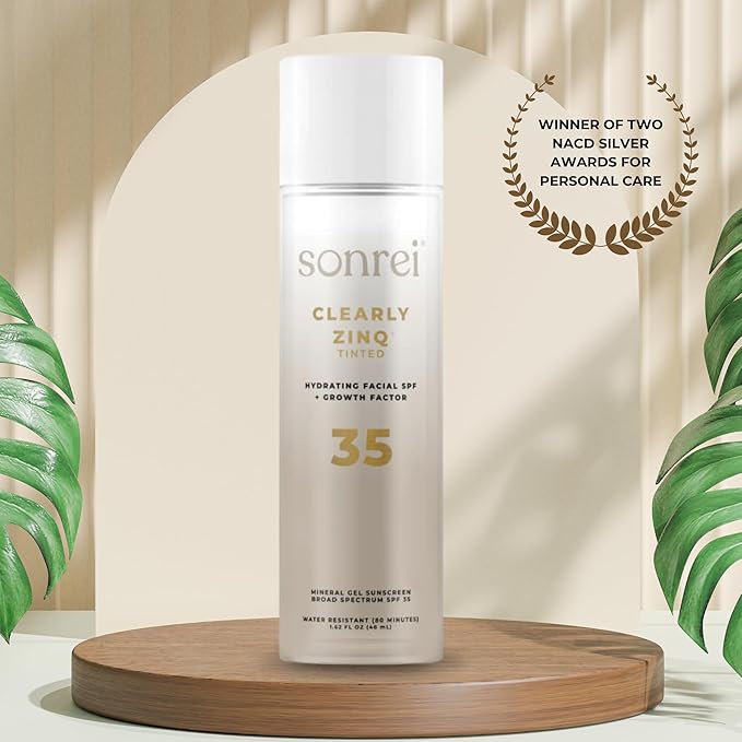 Sonrei Clearly Zinq Hydrating Tinted Facial SPF 35 + Anti-aging Growth Factor Sunscreen Mineral Gel & Primer | Broad Spectrum UV Protection | Water Resistant, Vegan | Non-greasy - 1.7 Fl oz.