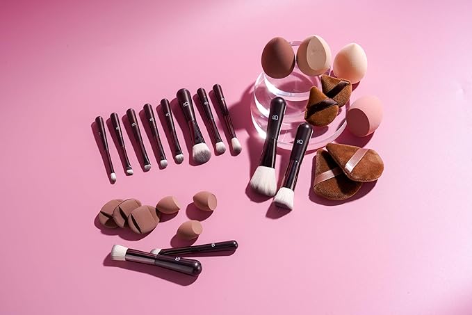 BS-MALL 12 Pcs Professional Travel Makeup Brush Set With Makeup Sponges - Includes Foundation Brush, Powder Puff, Finger Sponges & Triangle Puffs For Soft Daily Use