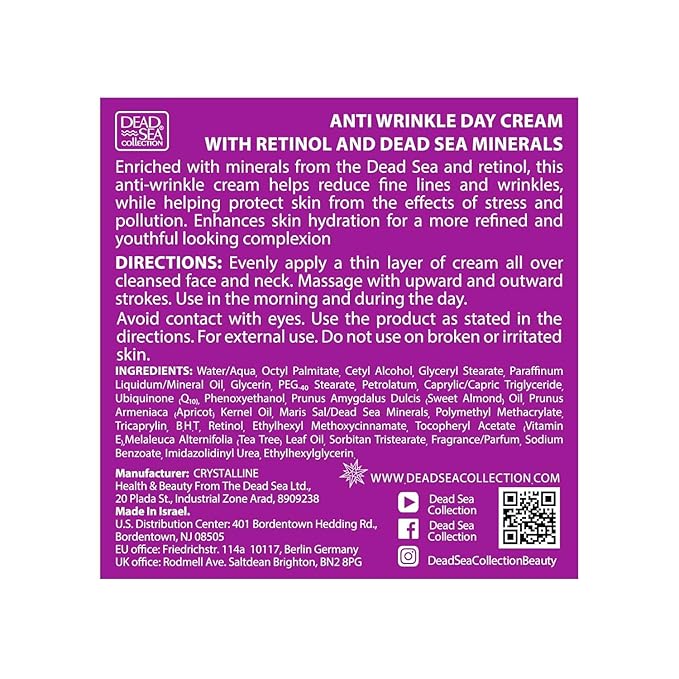 Dead Sea Collection Day Cream for Face with 2% Retinol, Dead Sea Minerals, and Vitamin E – Anti Aging Nourishing Skin Care Moisturizer to Reduce Wrinkles (1.69 fl. oz)