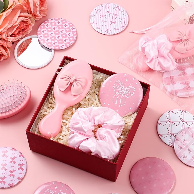 20Sets-80Pcs Coquette Party Favor Pink Party Favors Hair Brushes Foldable Mini Combs Pocket Cosmetic Mirrors Hair Scrunchies Accessories for Women Birthday Bridal Back to School Supplies