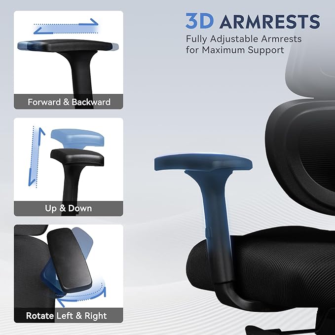 DEVAISE Office Chair Big and Tall Reclining Ergonomic Desk Chair for Long Hours, Comfy Breathable Mesh, Adjustable Armrests with Lumbar Support, Black