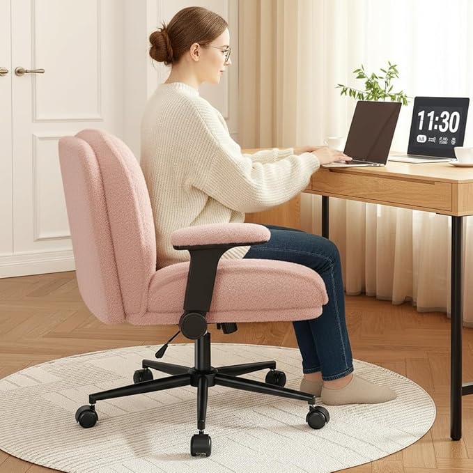 Cross Legged Office Chair with Flip-Up Arms,Oversized Criss Cross Chair with Wheels,Wide & Extra-Deep Seat Thickened for Home Office,Vanity, Bedroom,Apartment Dorms,Plush Cushion,Comfy,Pink