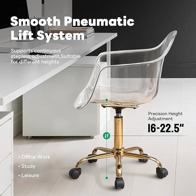 Lessmore Clear Desk Chair, Adjustable Acrylic Home Office Chair with Wheels, Swivel Vanity Rolling Chair Swivel Task Chair for Office, Home, Make Up, Small Space, Bed Room(Gold)