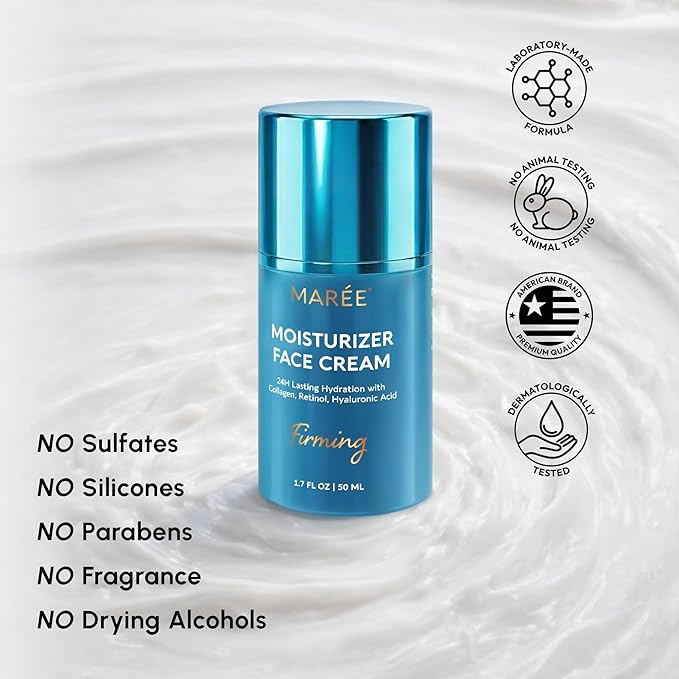 MAREE Face Moisturizer – Firming & Lifting Face Cream for Women with Collagen, Retinol & Hyaluronic Acid – Day & Night Anti-Aging Facial Wrinkle DD Cream Moisturizer for Dry Skin – Crema Para la Cara