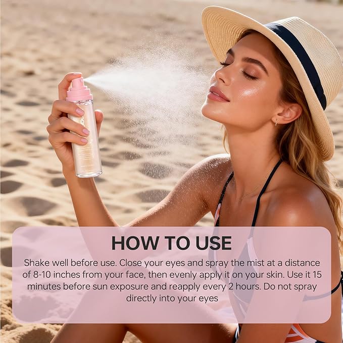 Sheer Setting Mist Sunscreen SPF 50, Broad Spectrum Shimmering Body Oil Mist for Face & Body, Hydrating Makeup-Friendly, Reef-Safe, Non-Greasy & Weightless Fast Drying for Dewy Finish (1pc)