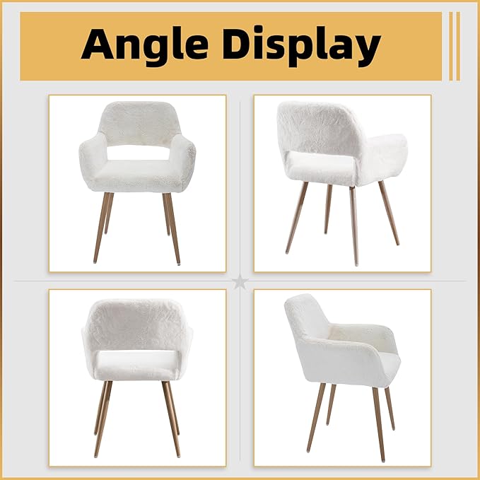 Furry Desk Chair Set of 2, Modern Home Office Chair Without Wheels, Faux Fur Vanity Chair with Hollow Backrest, Comfy Armchair Wood Frame with Strudy Metal Legs, White