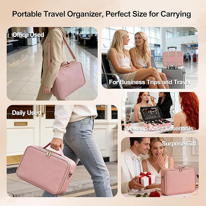 Large Travel Makeup Case, Professional Makeup Train Case Organizer for Women, Cosmetic Brush Bag Holder Waterproof Makeup Artist Storage Box with Adjustable Dividers and Shoulder Strap, Leather Pink