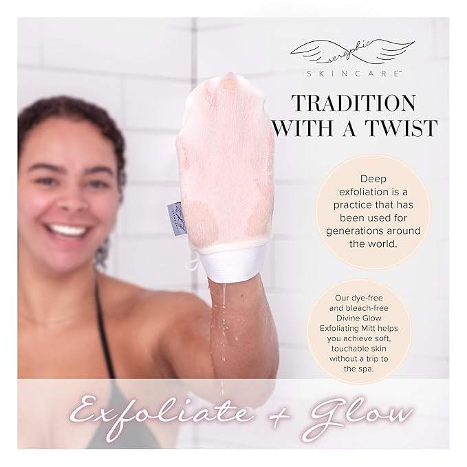 Seraphic Skincare Divine Glow Exfoliating Mitt (2pcs) – 100% Vegan Viscose Traditional Body Scrub Glove Kessa Korean Washcloth – Body Exfoliator for Self-Tan Removal & Keratosis Pilaris