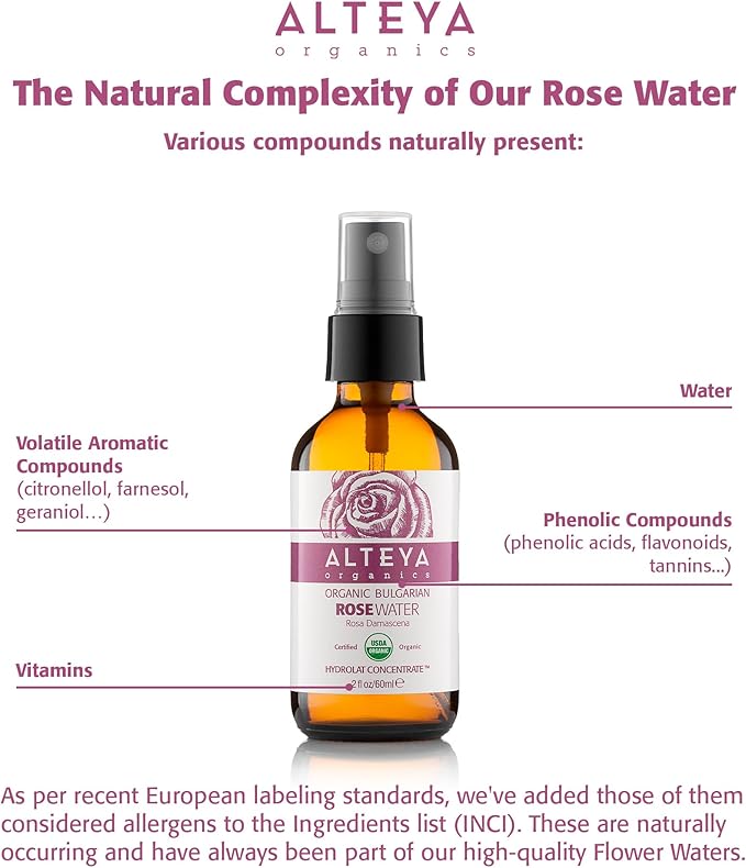 Alteya Organics Rose Water USDA Certified Organic Facial Toner, 2 Fl Oz/60mL Pure Bulgarian Rosa Damascena Flower Water, Award-Winning Moisturizer Amber Glass Spray Bottle