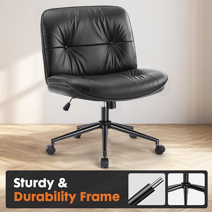 Sweetcrispy Criss Cross Chair with Wheels, Wide Seat PU Leather Armless Office Desk Vanity Chair, Comfortable Adjustable Swivel Computer Task Chairs for Bedroom, Small Space Make Up, Black