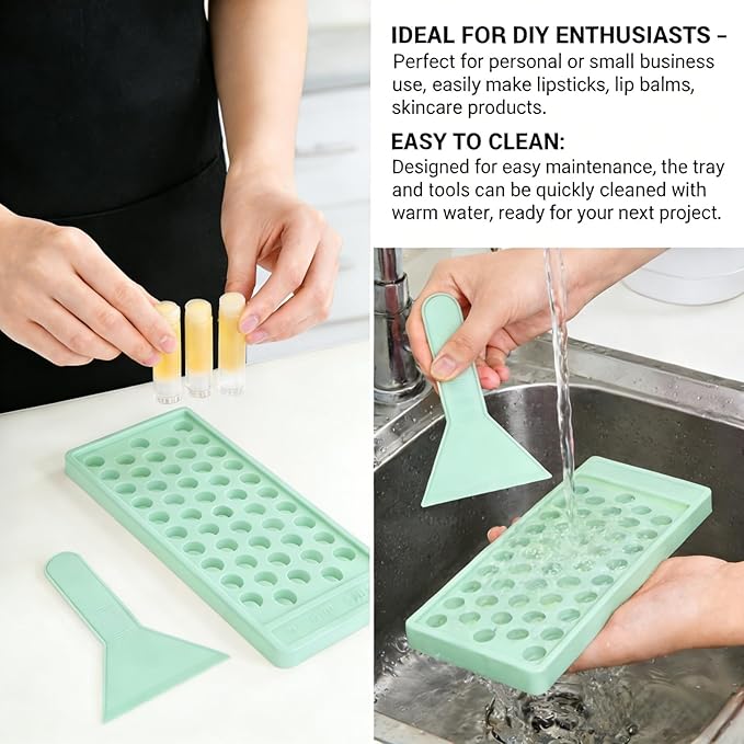 50-Slot Lip Balm Filling Tray & Spatula Set | Reusable Cosmetic Making Tools for Custom Lipstick,DIY Beauty Products Making. Gloss Making Kit Capsule Lipstick Filler(50 slot Green) (Green-50 Slot)