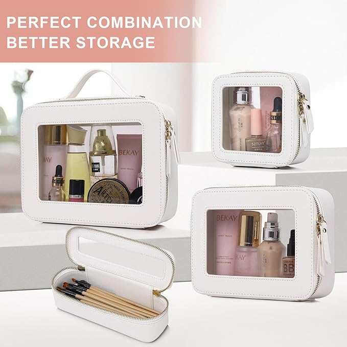 Pinkmik Clear Makeup Bag Waterproof Travel Case for Cosmetics and Toiletries Women's Purse Organizer and Clear Car Bag with Zipper (White, M+MINI)