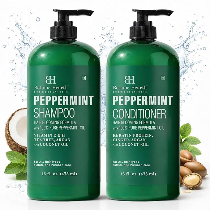 Botanic Hearth Peppermint Oil Shampoo And Conditioner Set | Hair Blooming Formula With Keratin | Fights Hair Loss | Sulfate Free For Men And Women | 16 Fl Oz X 2