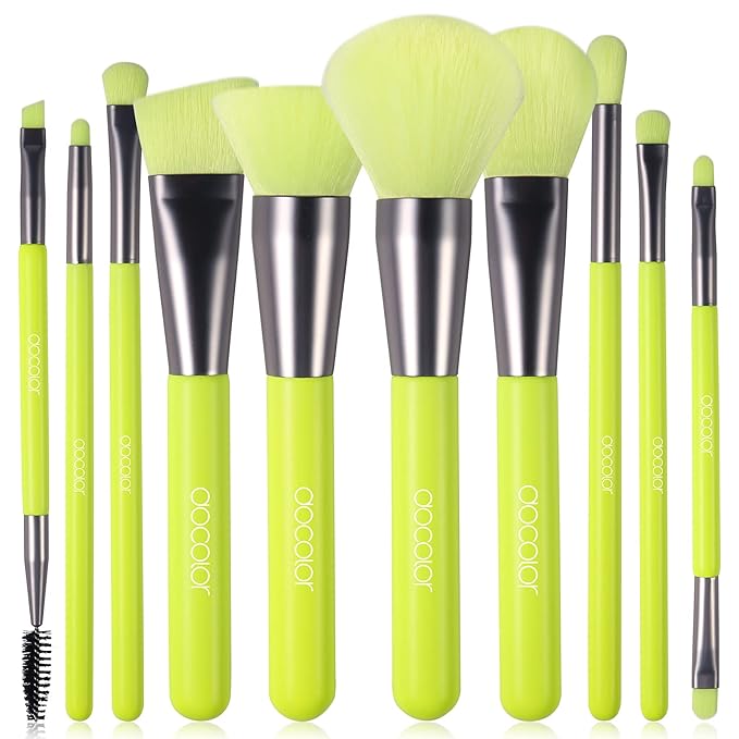 Docolor Makeup Brushes 10Pcs Makeup Brush Set Premium Synthetic Powder Kabuki Foundation Contour Blush Concealer Eye Shadow Blending Liner Make Up Brush Kit - Neon Green