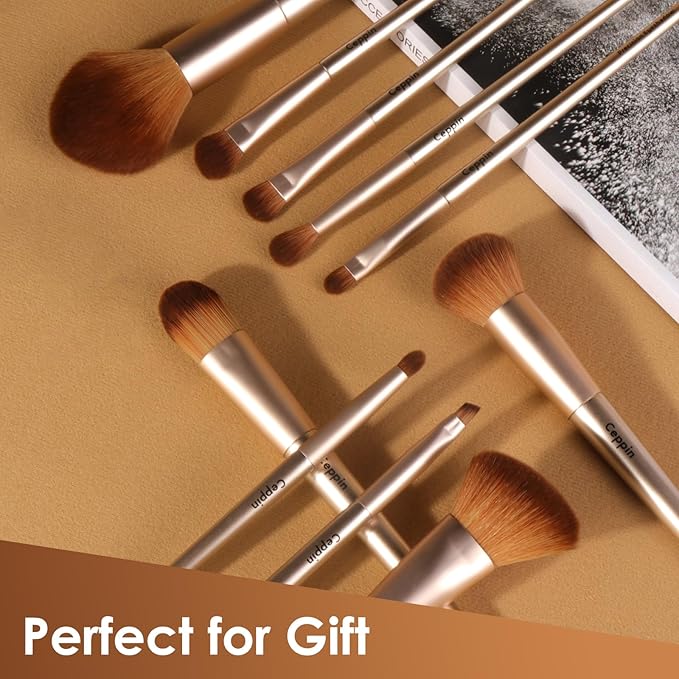 Professional Makeup Brushes 10Pcs, Premium Synthetic Make Up Brush Set, Powder Foundation Contour Blush Concealer Eye Shadow Blending Liner Makeup Brush Kit (Golden)