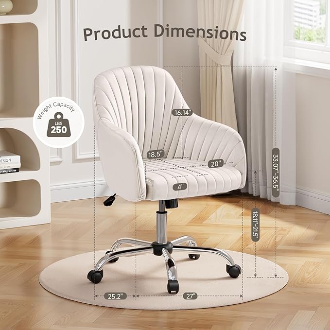 Warmiehomy Velvet Desk Chair for Home Office, Modern Adjustable Swivel Task Chair, Women Vanity Chairs with Arm Rest for Bedroom Dressing Room, Beige