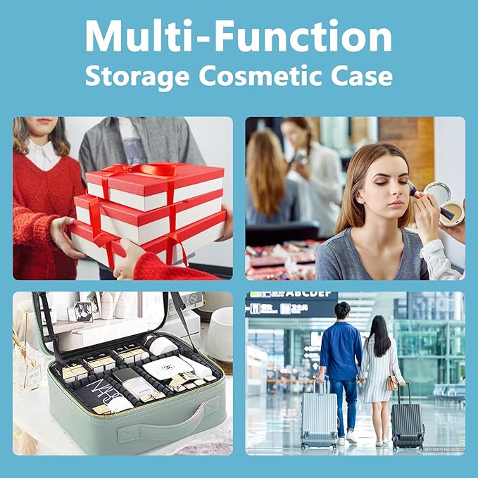 Makeup Bag with Mirror,with Mirror 3 Color Setting and Detachable 10x Magnifying Mirror Large Vanity Makeup Cases,Portable Storage and Adjustable Dividers, for Women and Makeup Artists-Blue